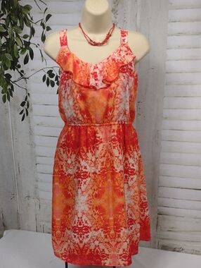 Studio Y Coral-Orange Ruffle-Front Sleeveless Mini Dress Size M